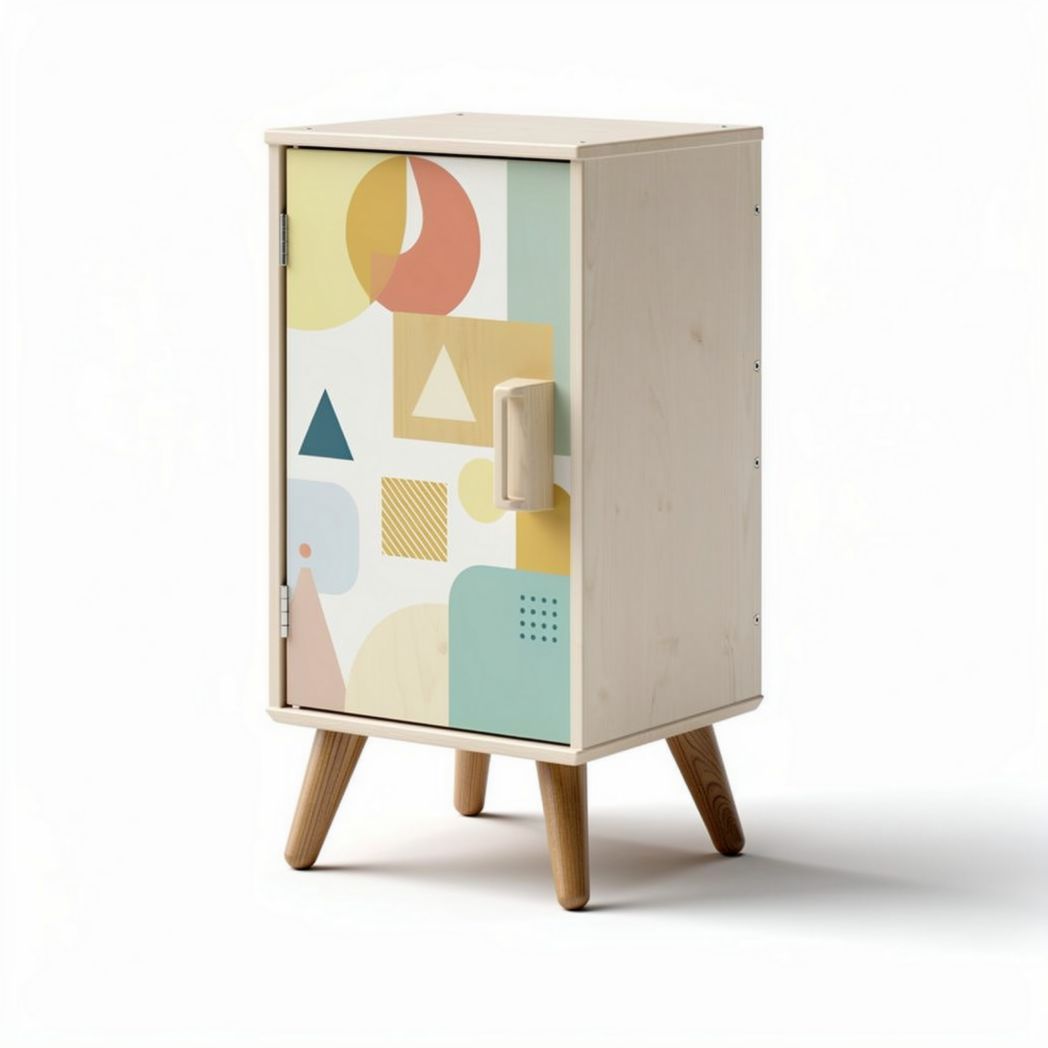 Wooden nightstand with geometric design doors and natural legs 40 x 30 x 60cm