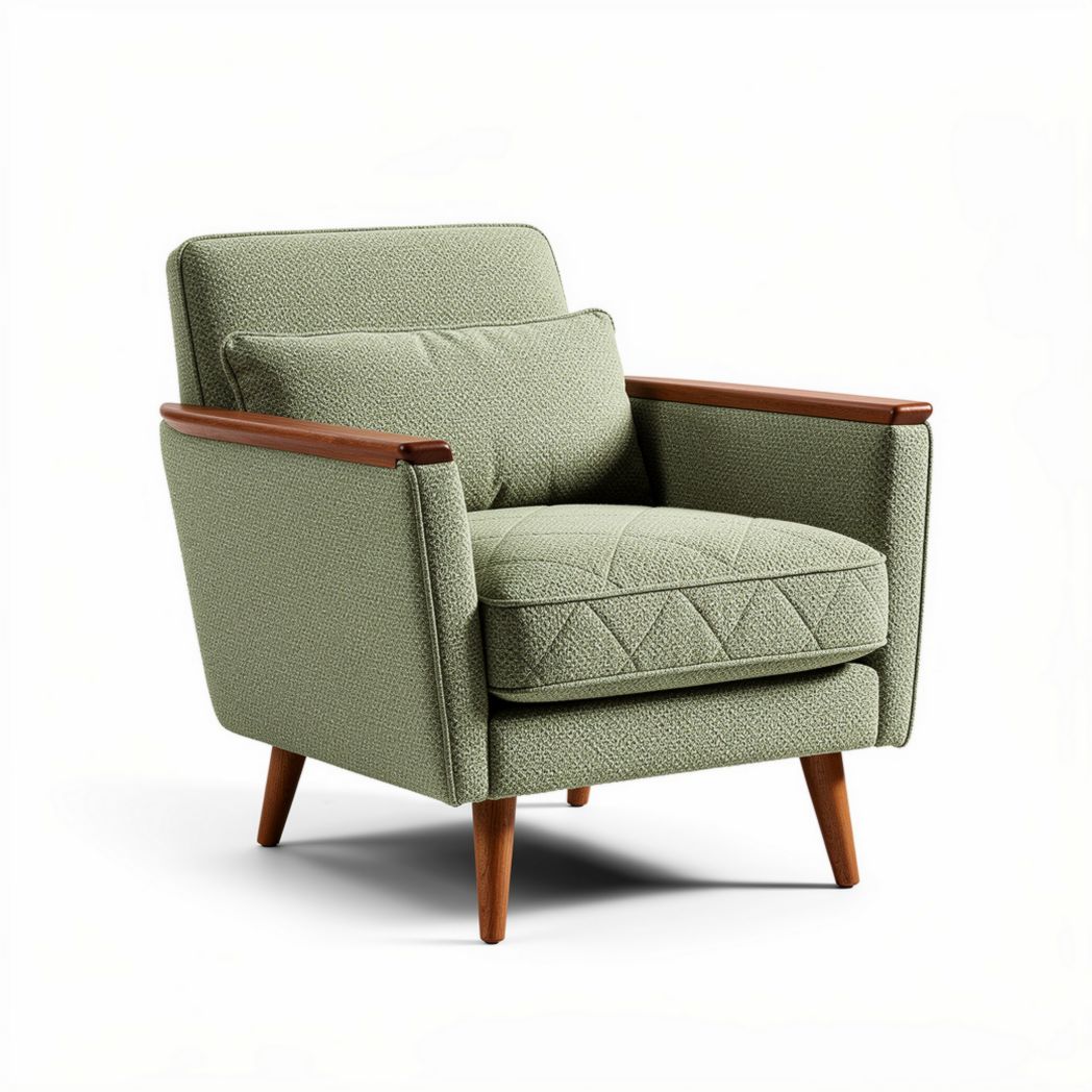 Mid-century modern accent chair in green fabric with wooden legs 80 x 80 x 85cm