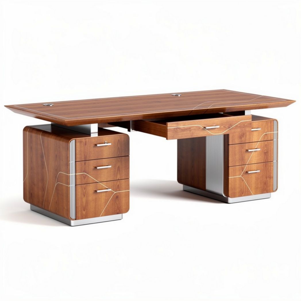 Brown wooden desk with metal accents and storage drawers 150 x 75 x 75cm