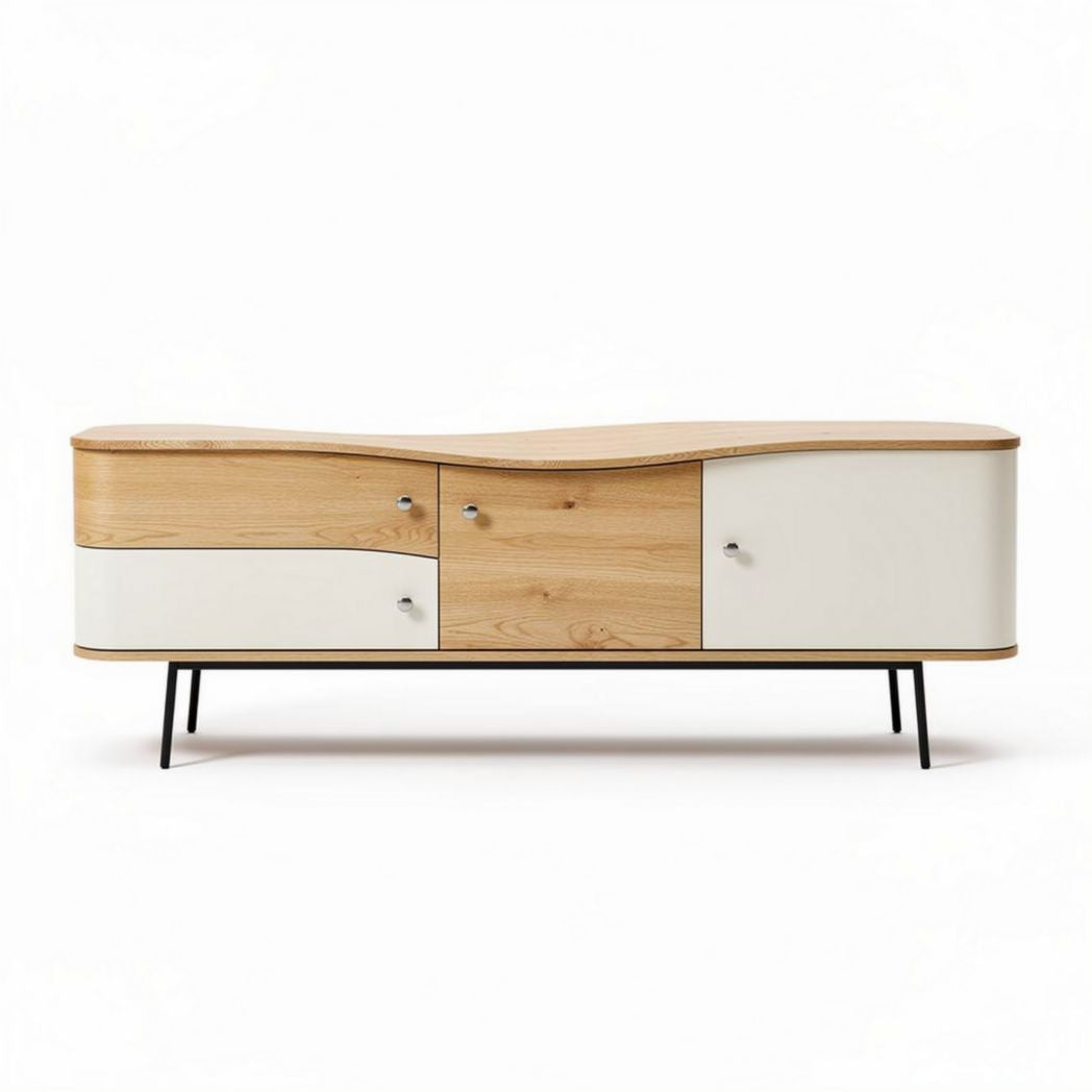 Wooden media console with curved design and white doors 150 x 40 x 50cm