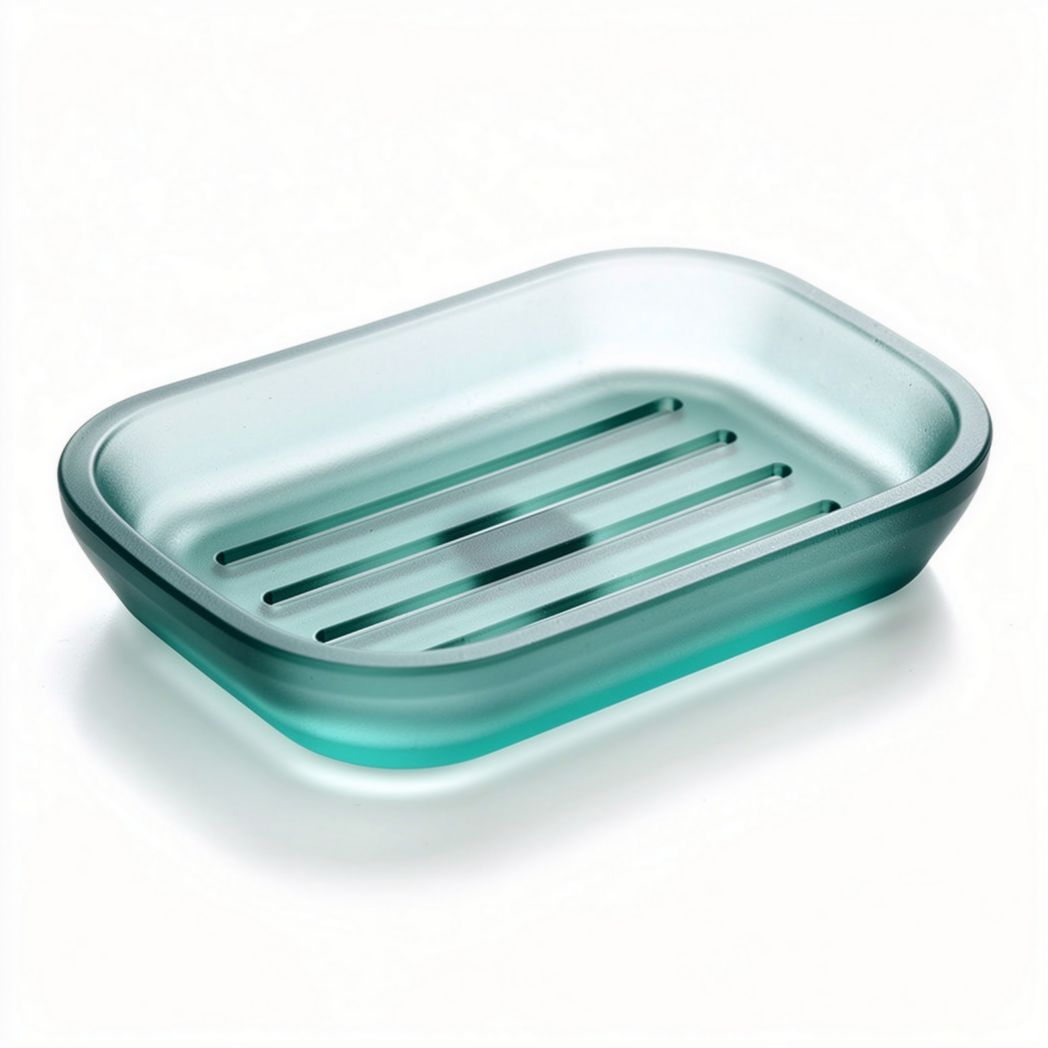 Glass soap dish for bathroom and kitchen use with dimensions 12 x 8 x 2cm
