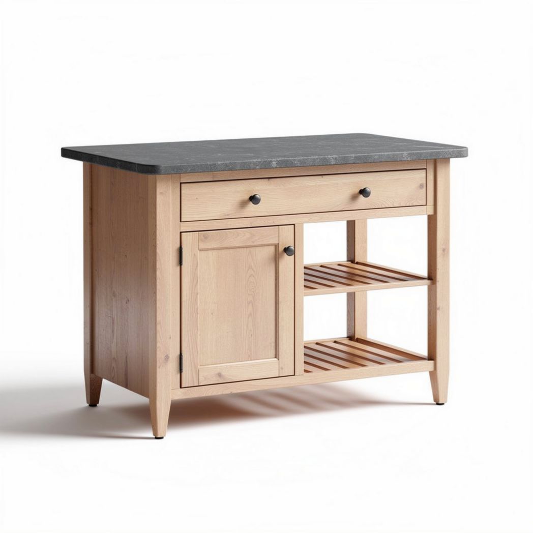 Wooden kitchen island with gray stone countertop and open shelves 100 x 60 x 90cm
