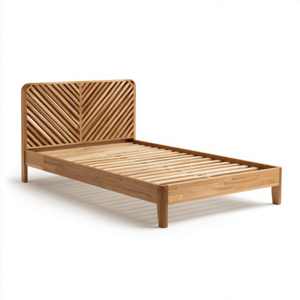 Wooden bed frame with open circle design and slatted support 200 x 150 x 30cm