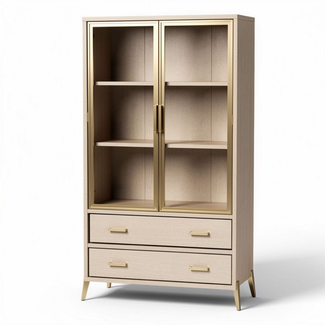Transitional glass door cabinet with two drawers and gold accents 70 x 40 x 160cm