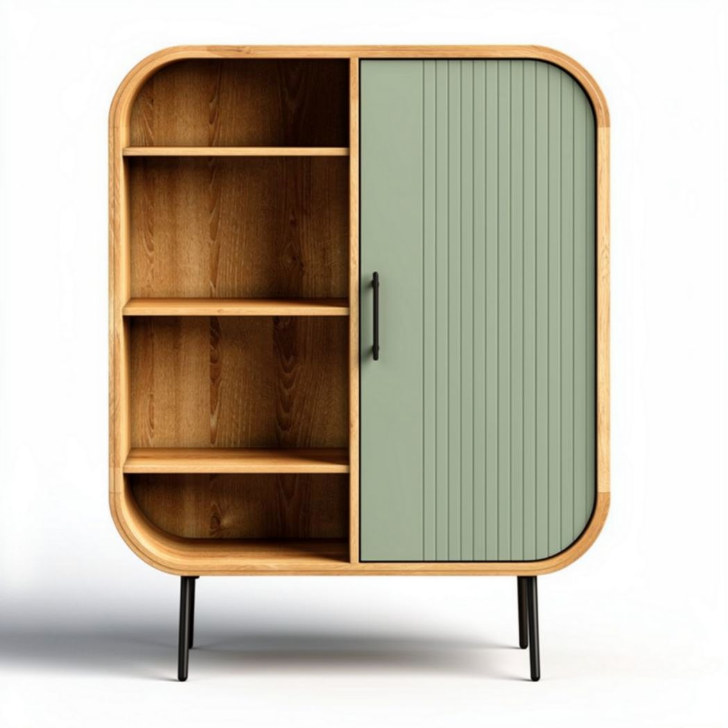 Wooden storage cabinet with green sliding door and open shelves 80 x 40 x 100cm
