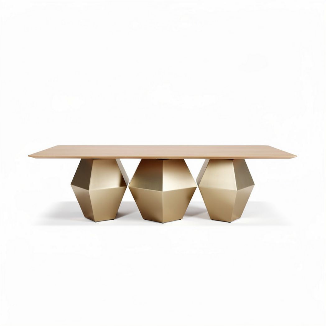 Geometric coffee table with wooden top and gold metal base 180 x 90 x 75cm