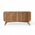 Wooden media console with slatted doors for modern living room storage 150 x 40 x 70cm