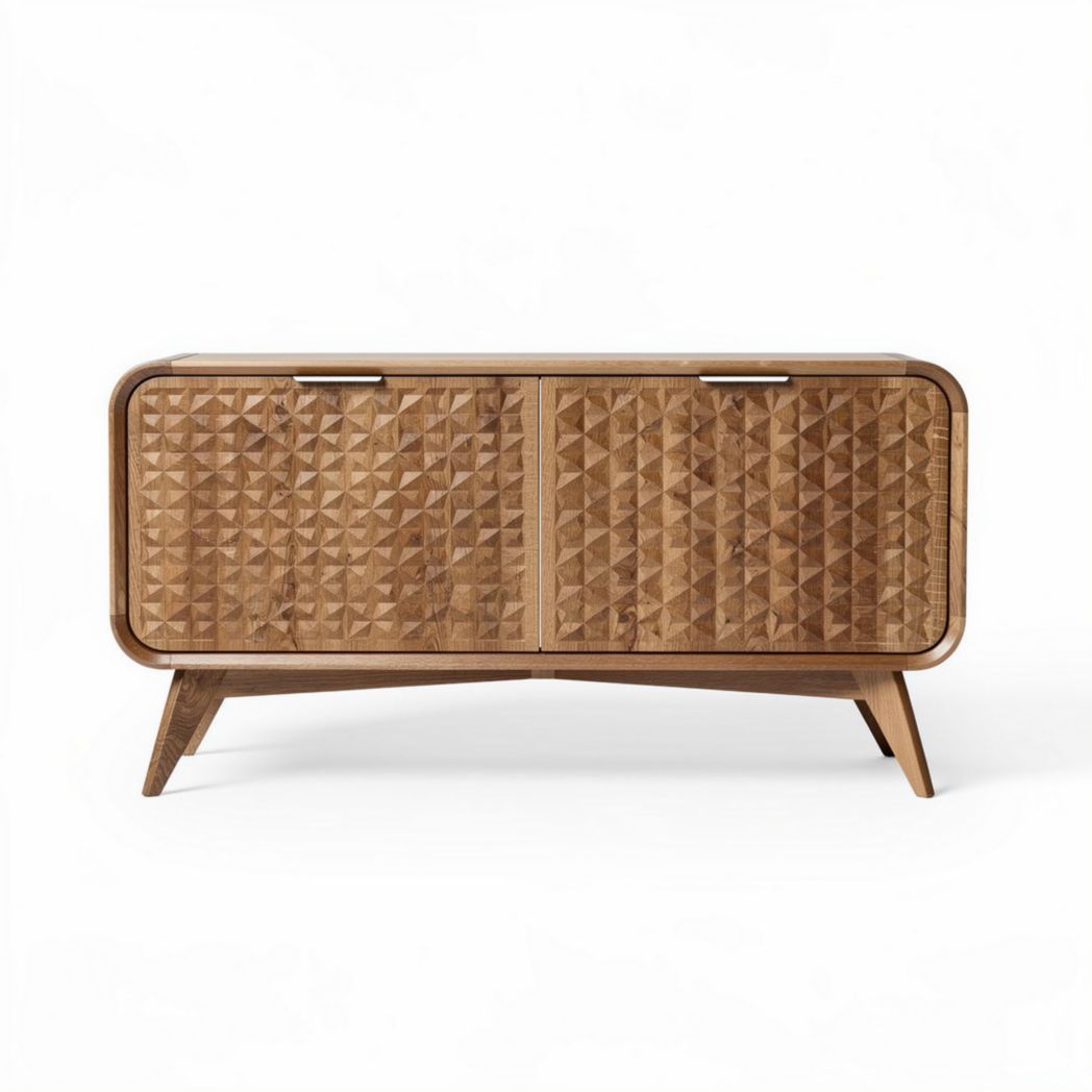 Wooden media console with slatted doors for modern living room storage 150 x 40 x 70cm