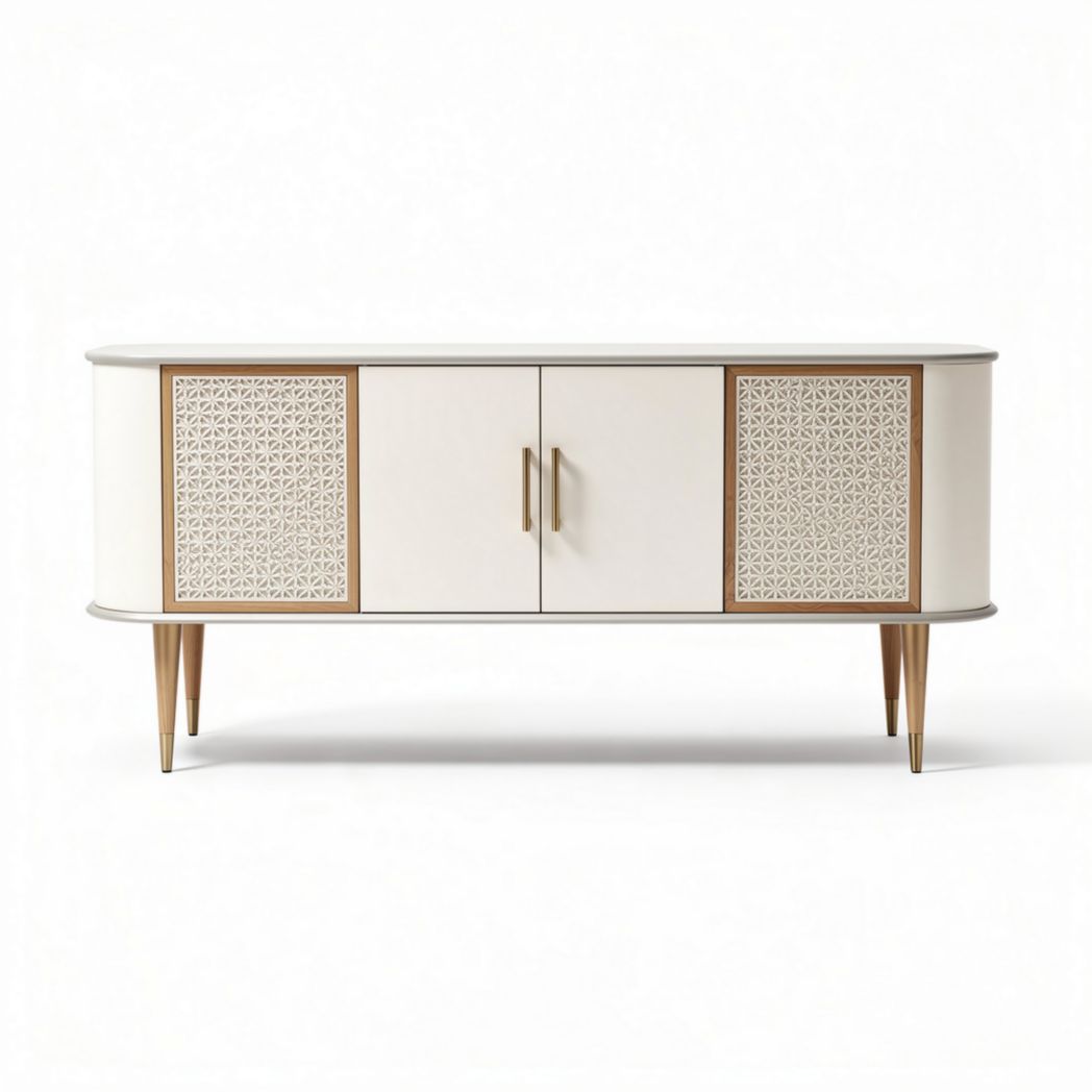 Wood and rattan sideboard in off-white finish with dimension 150 x 40 x 60cm