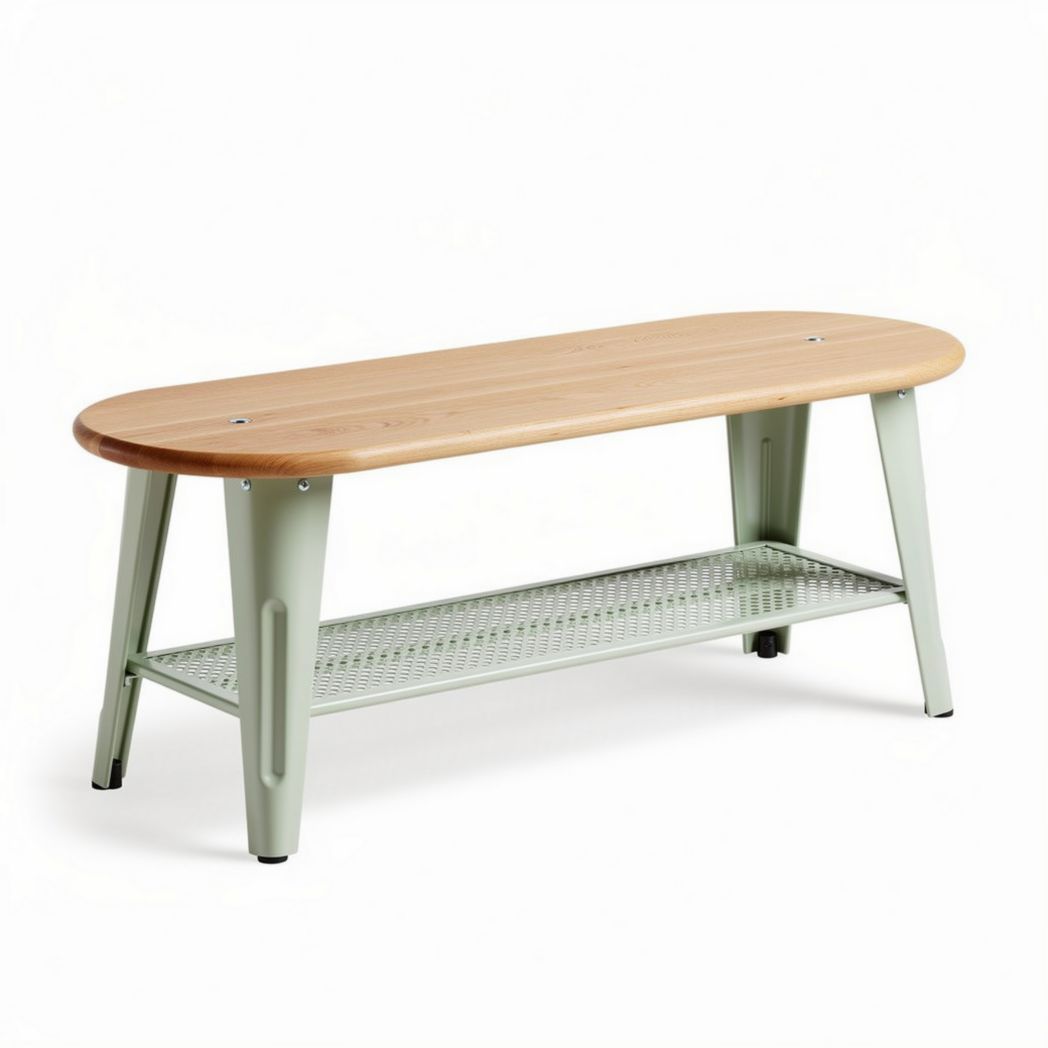 Wood top coffee table with metal legs and lower storage shelf 120 x 40 x 45cm